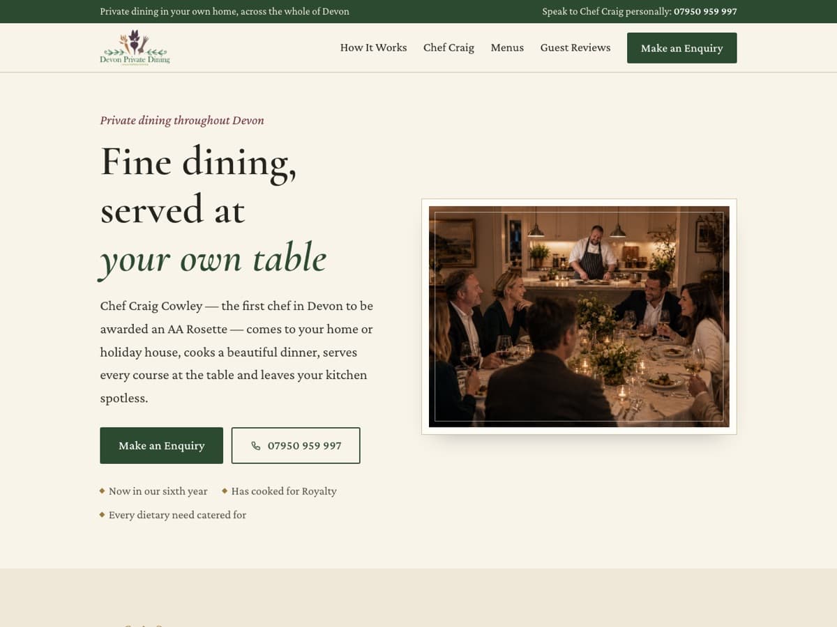 Screenshot of the Devon Private Dining website