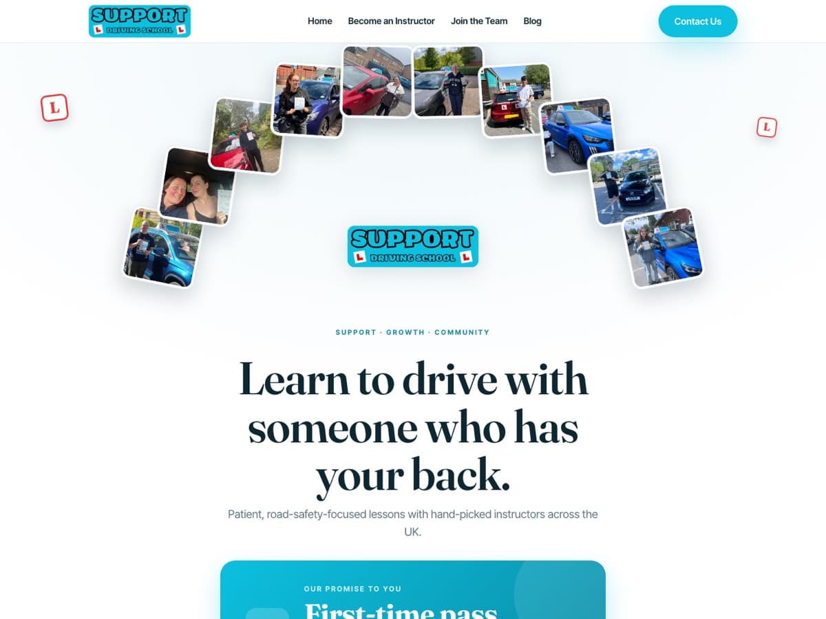 Screenshot of the Support Driving School website